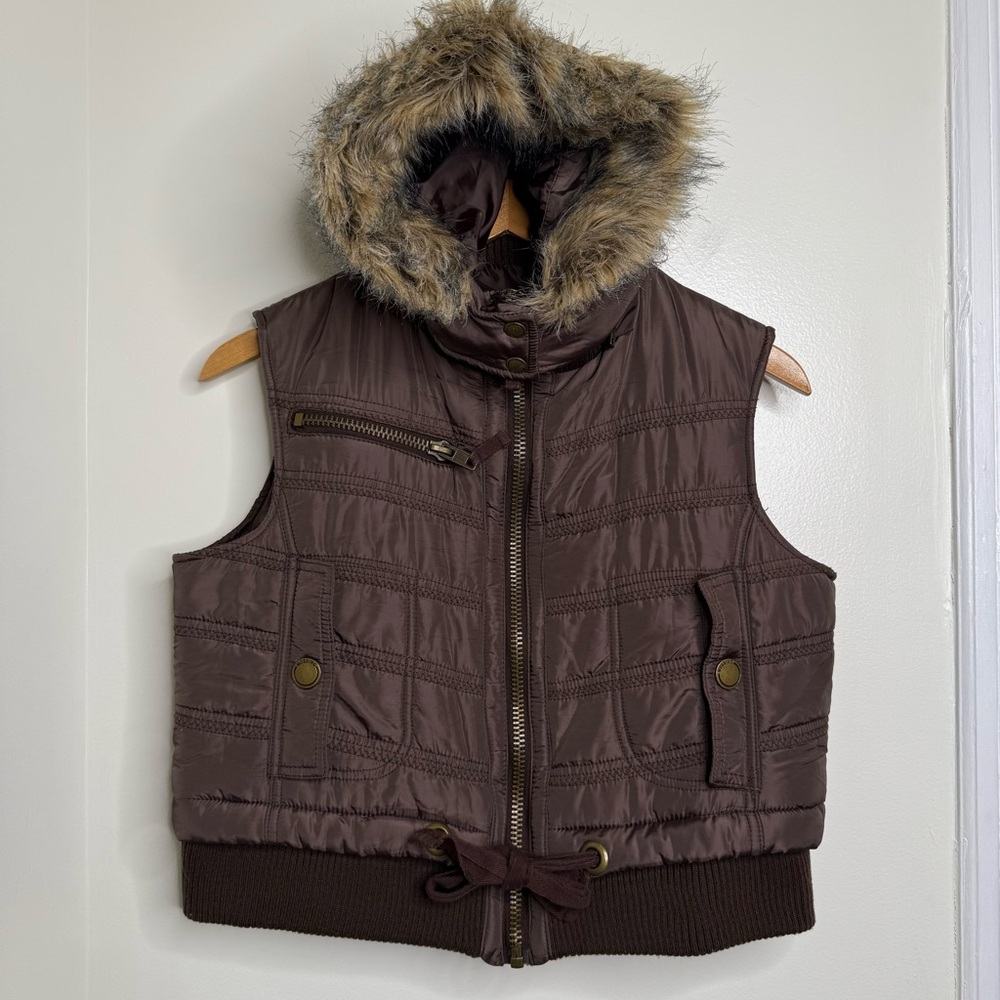 Y2K Mossimo Brown Jacket Vest Juniors Size Large Faux Fur Hood detachable